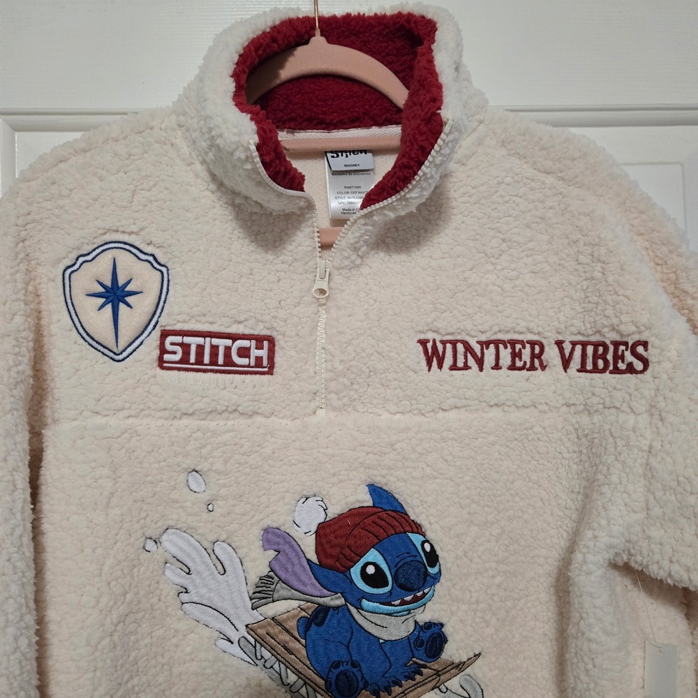 Disney Stitch Sherpa Fleece Quarter Zip Pullover Off White Winter Vibe Small NWT